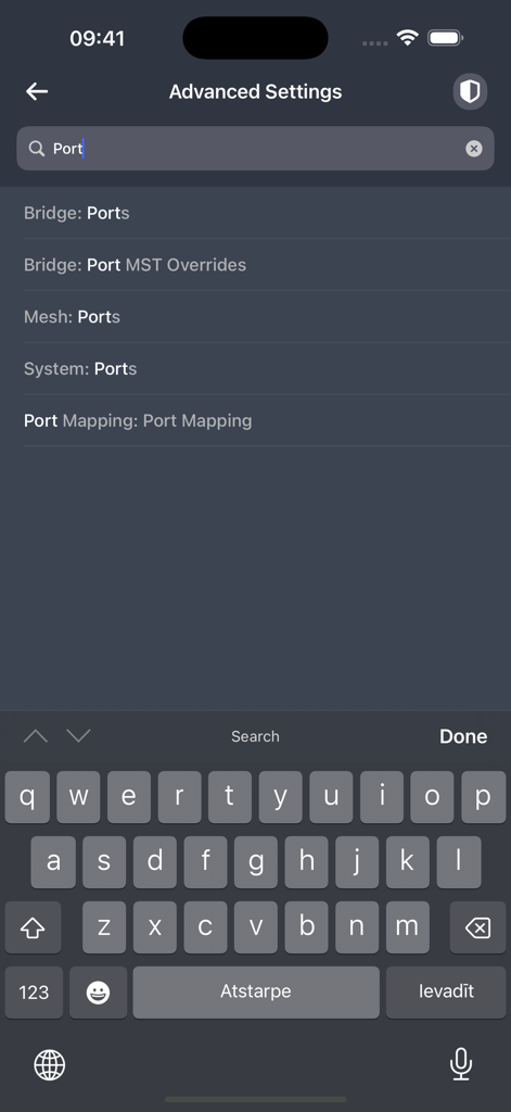 Searching for port configurations within the advanced settings menu of the MikroTik mobile app