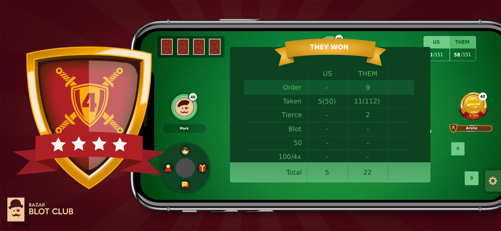 Bazar Blot Club - Gameplay results screen for Bazar Blot Club Armenian card game showing match statistics