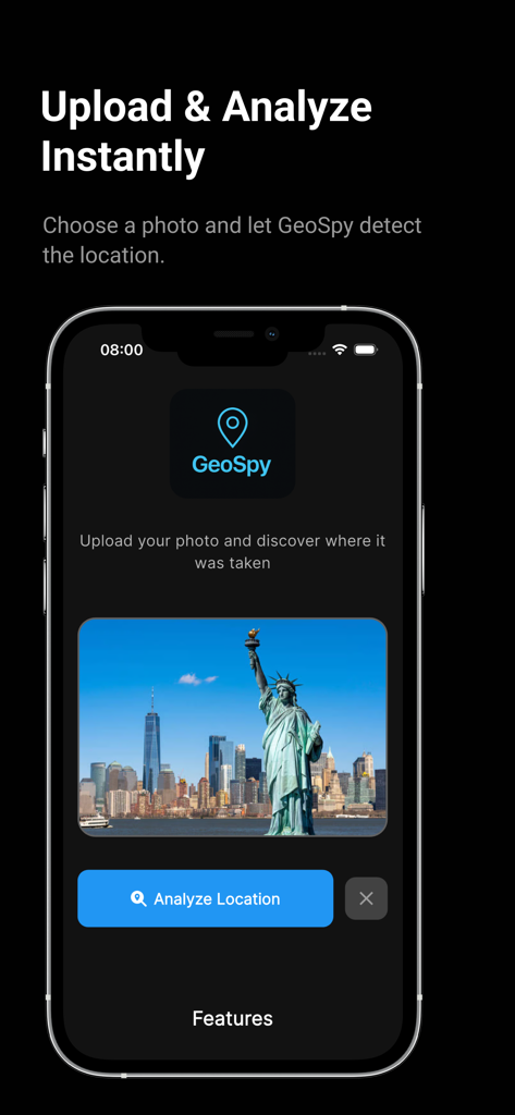 SnapGeo - AI Location Finder - SnapGeo app interface on a smartphone showing an image of the Statue of Liberty with an analyze location button