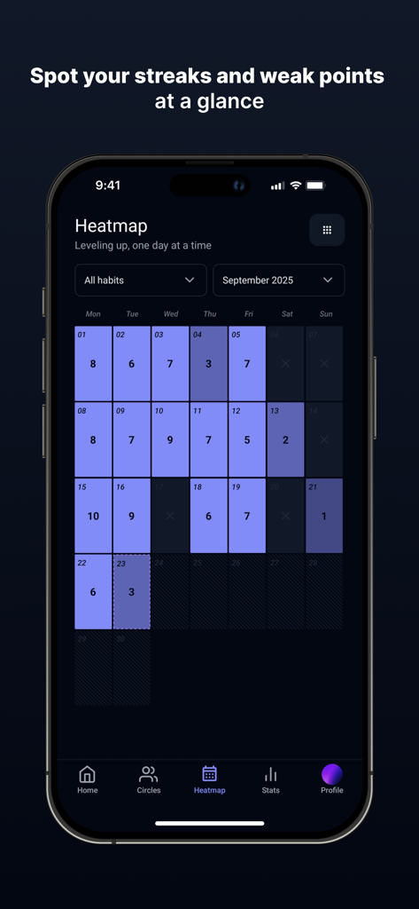 Ascend - Habit Tracker - Monthly heatmap calendar in the Ascend app showing habit completion streaks and progress.