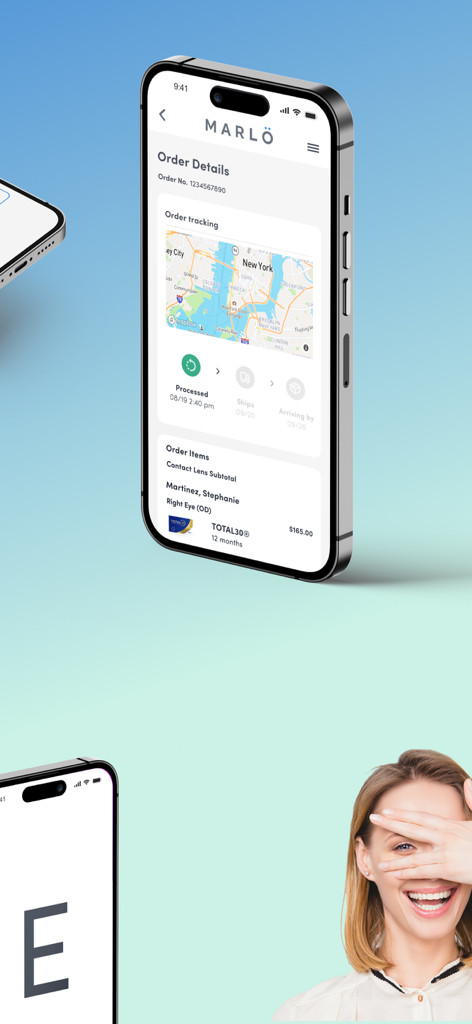 Smartphone screen displaying the MARLO app order tracking details for contact lenses with a map and delivery status