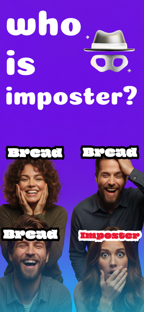 A group of friends playing the Imposter social deduction game on a purple background