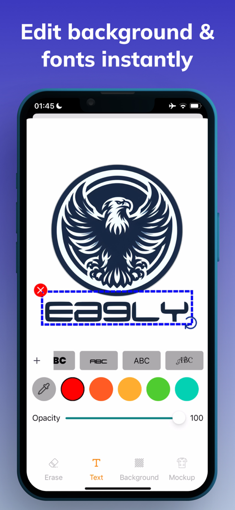 AI Logo Maker - Design Creator - Interface de l'application LogoBrain montrant la personnalisation d'un logo d'aigle avec des outils d'édition de police et de couleur