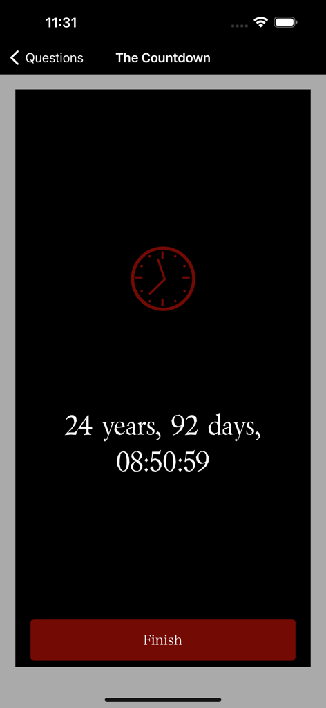 The Countdown - Your Fate - A mobile app screenshot showing a countdown timer result of 24 years on a dark background with a red clock icon.