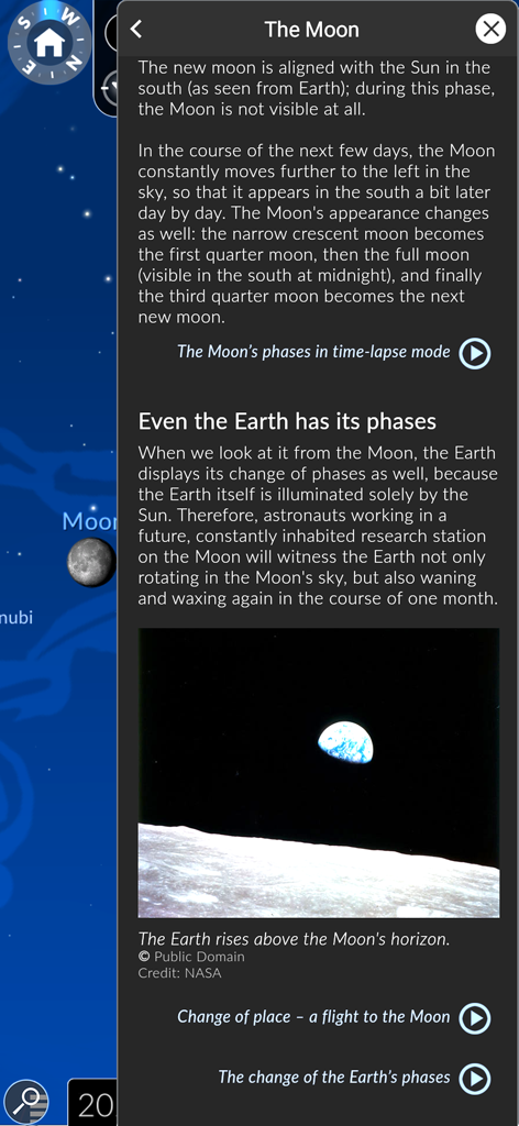 Educational information about moon phases and earthrise from the Moon in the Redshift astronomy app.