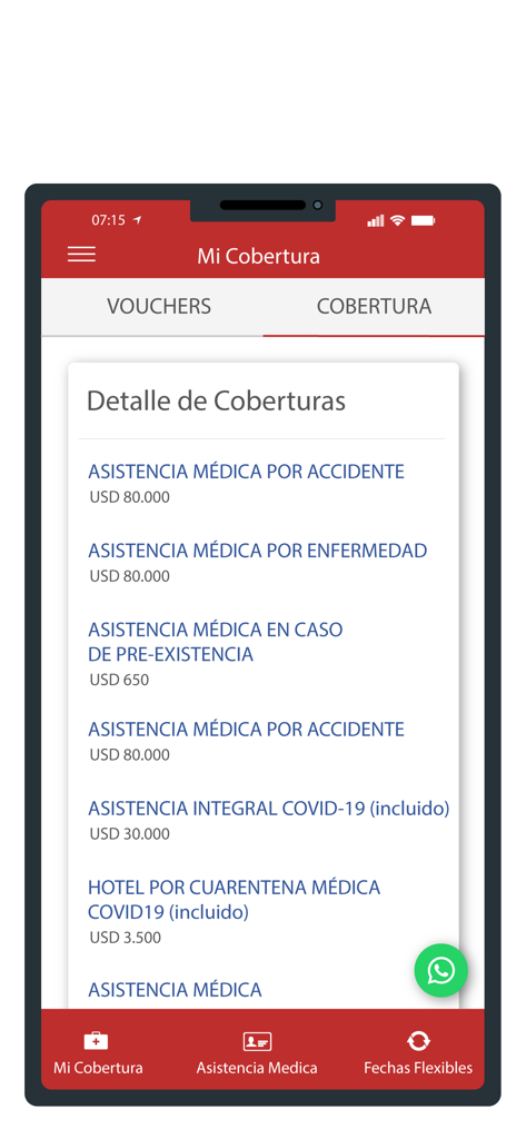 Safe Travel Assistance - 스페인어로 된 여행 보험 보장 세부 정보 및 의료 지원 한도를 표시하는 모바일 앱 화면