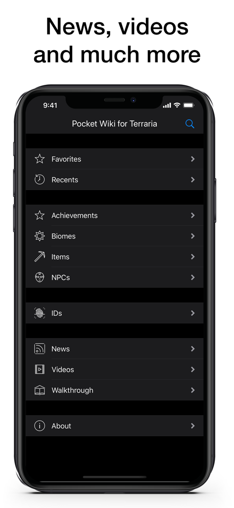 Menu principale dell'app Pocket Wiki per Terraria che mostra le categorie della guida di gioco in modalità scura