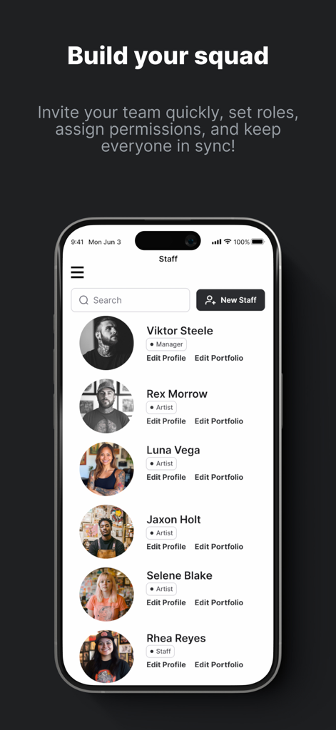 Tattoo Studio Pro - Tattoo Studio Pro staff management interface showing artist roles