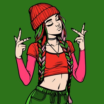 realistic teenage girl with braids and a beanie and crop top doing 🫶🏼