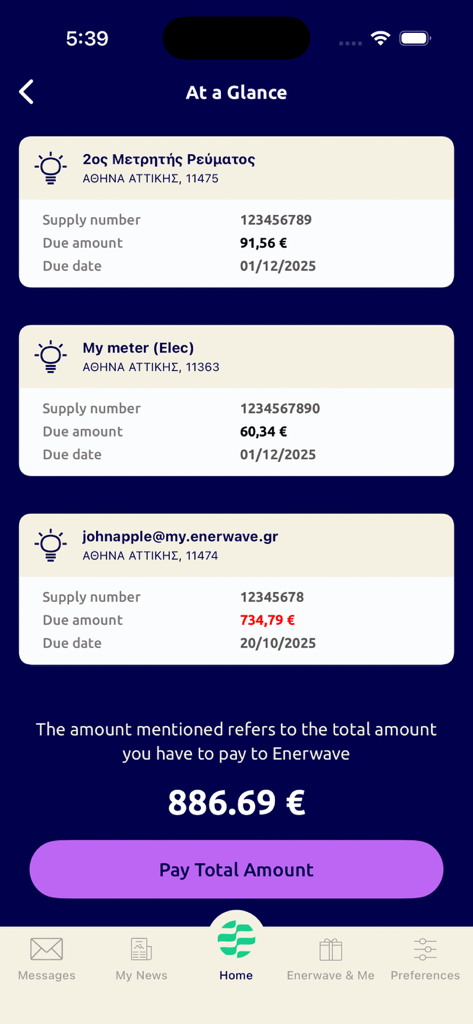 myEnerwave - myEnerwave mobile app screen showing a summary of multiple electricity meter bills with a total amount to pay button