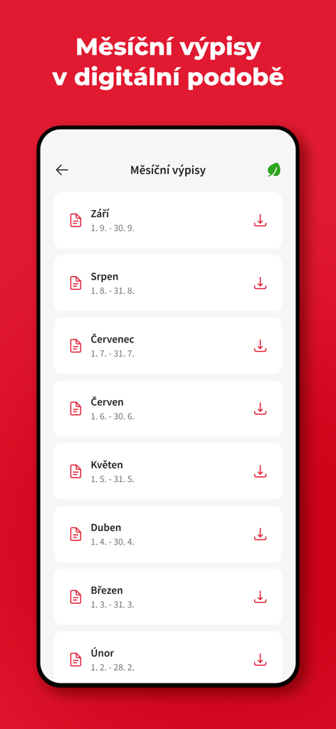 Home Credit CZ - Interface of the Home Credit CZ app displaying digital monthly credit statements for download