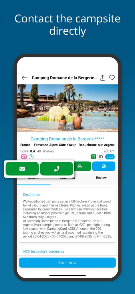 Campsite detail page in the CampingCard ACSI app showing direct contact buttons for email and phone alongside site information and booking options.