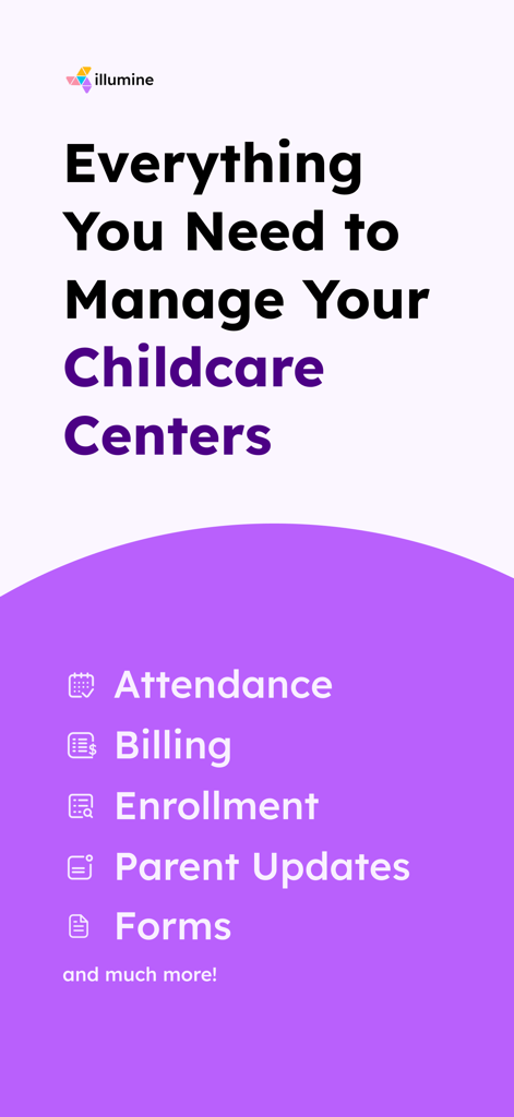 Illumine app interface showing features for childcare management including attendance billing enrollment and parent updates
