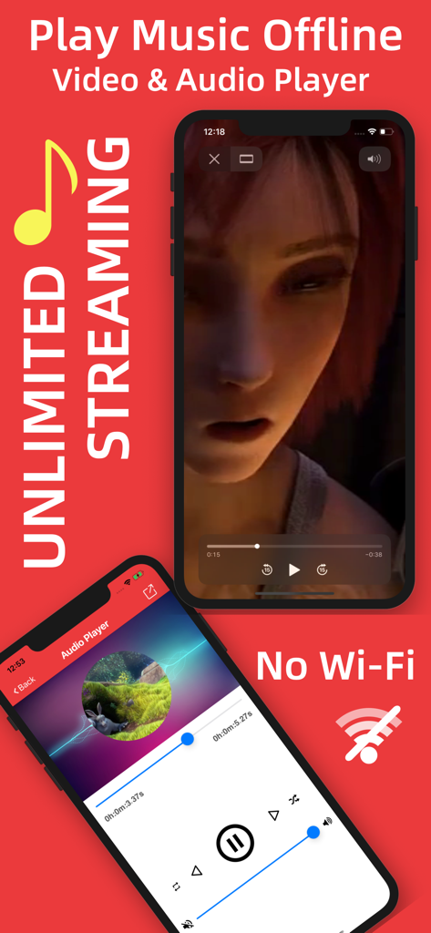 Video Audio Converter - Interface of the Video Audio Converter app showing offline video and music player features with no Wi-Fi icon