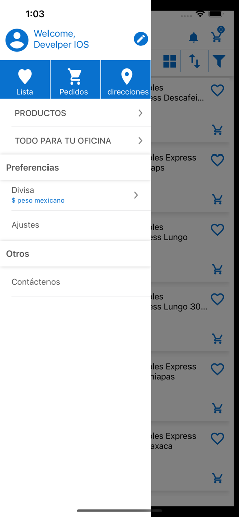 Menú de navegación lateral de la aplicación móvil Cafe Punta del Cielo mostrando el perfil del usuario, pedidos y categorías de productos.