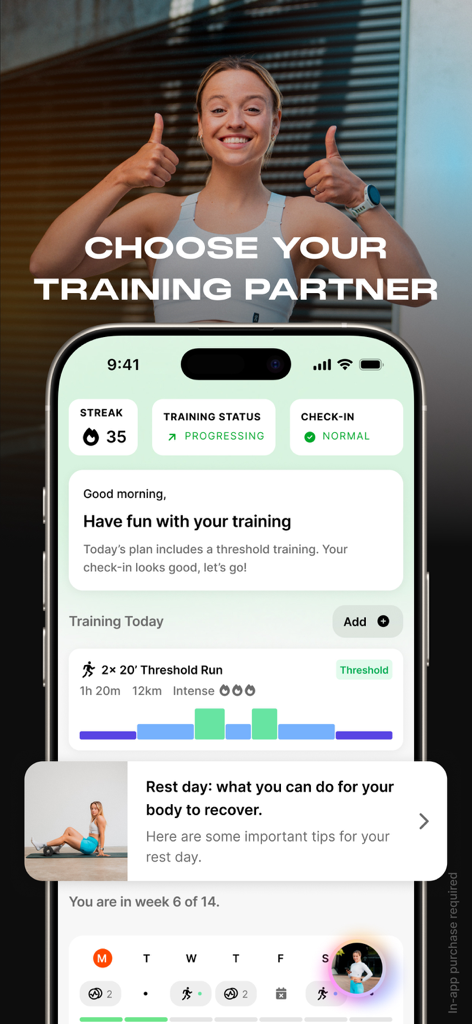 Enduco: Running & Cycling - Interfaz de la aplicación Enduco que muestra un plan de carrera de umbral diario personalizado y un panel de estado de entrenamiento