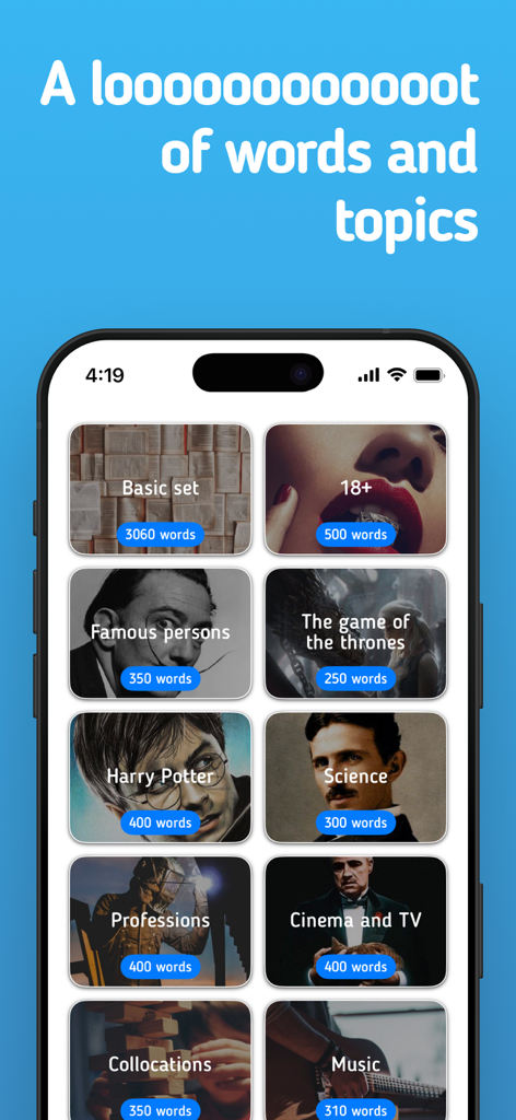A selection of themed word categories in the Alias board game app including movies, science, and music.