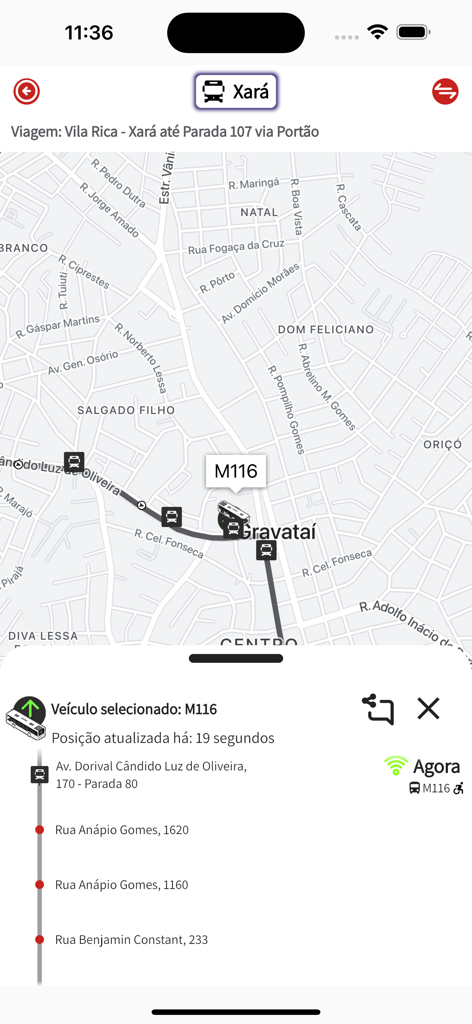 Tela do aplicativo SOGIL Linhas mostrando a localização do ônibus em tempo real e as próximas paradas da rota em um mapa.