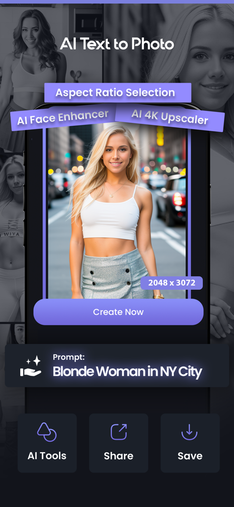 Ai Image Generator - Real AI - Interface do aplicativo Real AI exibindo uma foto realista de uma mulher loira em Nova York gerada a partir de um prompt de texto.