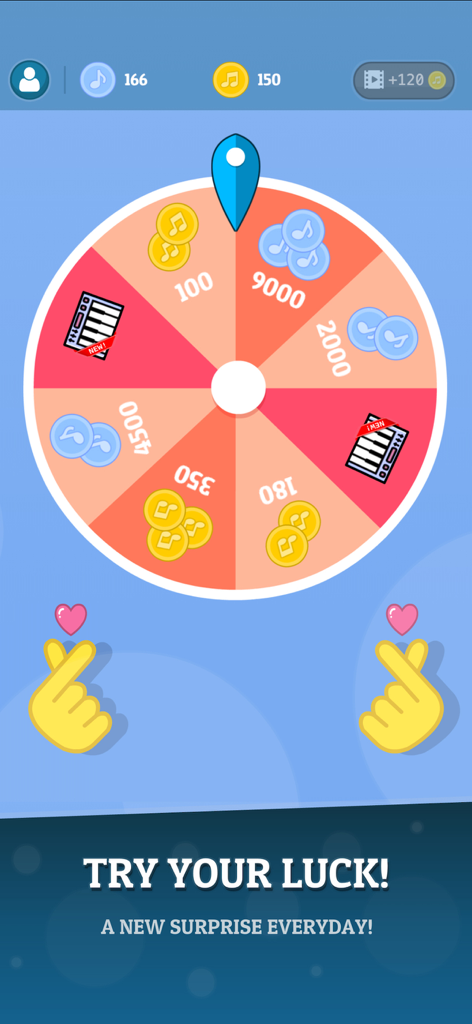 KPOP Tiles 2026 - 일일 보상과 K-pop 핑거 하트 아이콘이 있는 KPOP Tiles 2026의 행운의 상품 휠