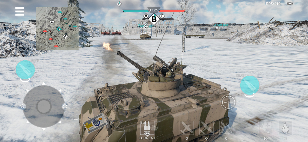 A military armored vehicle in a snowy combat zone from the War Thunder Mobile game.