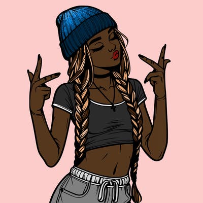 realistic teenage girl with braids and a beanie and crop top doing 🫶🏼