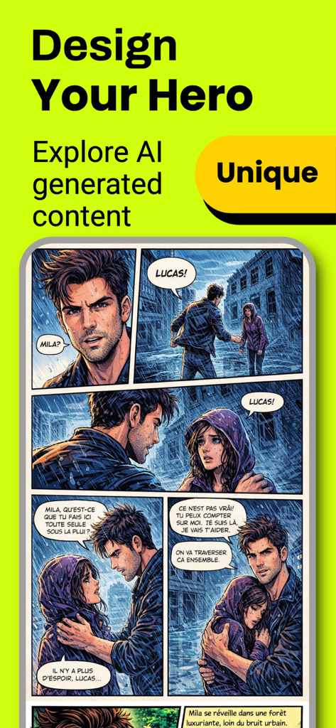 Interfaz de TAI Comic Maker mostrando paneles de manhwa generados por IA con personajes y diálogos