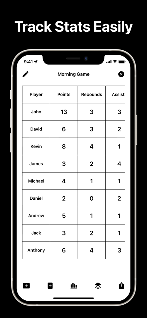 A smartphone showing the StatSheet app interface with a table tracking basketball player points, rebounds, and assists.