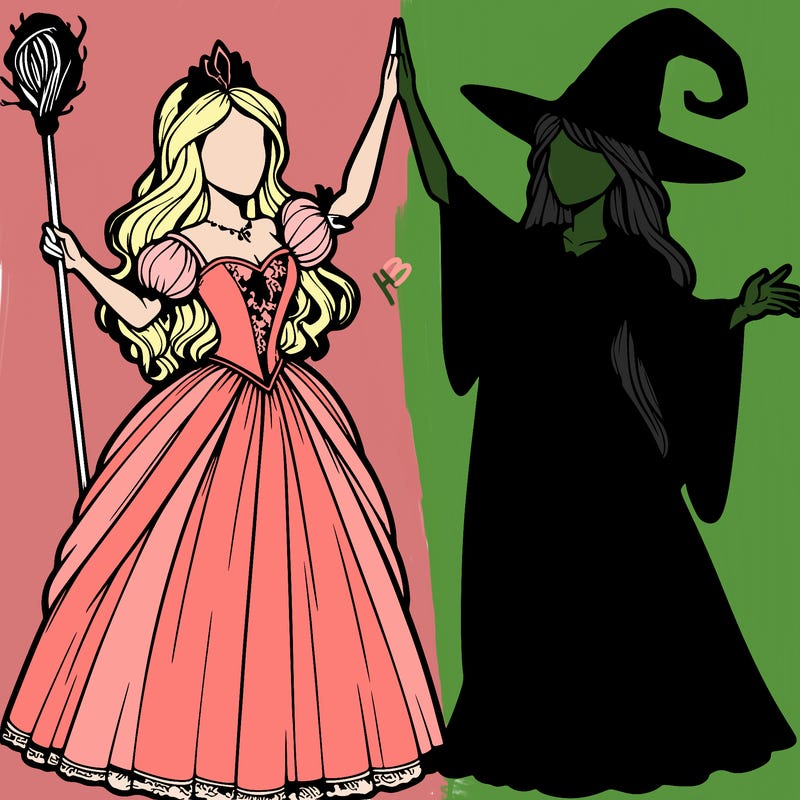 detailed realistic split of a princess and a witch