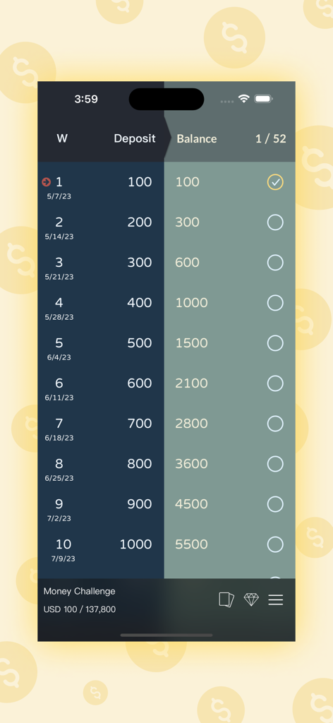 52 Weeks Money Challenge - Wöchentlicher Sparfortschrittstracker, der Einzahlungen und den angesammelten Saldo anzeigt