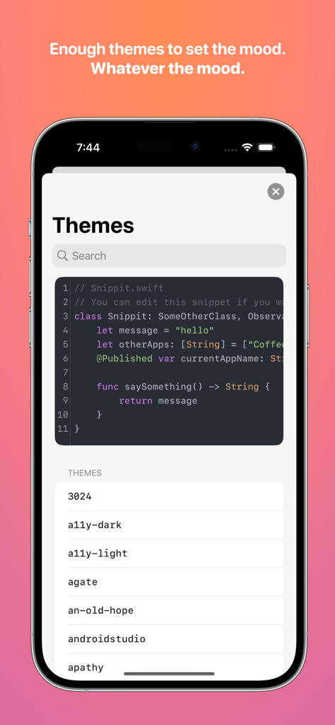 Snippit - Code Snippet Manager - Snippit app theme selector for code syntax highlighting on iPhone