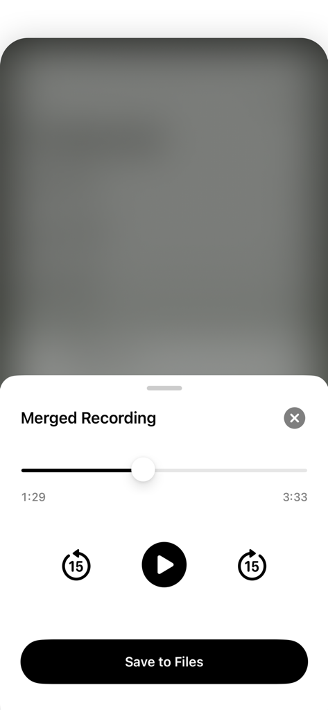 Voice Memos - Merge - Interface showing the playback of a merged recording with a Save to Files button.