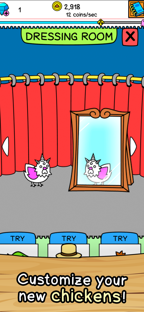 Chicken Evolution | Merge - A mutated chicken looking in a mirror in the game dressing room for character customization