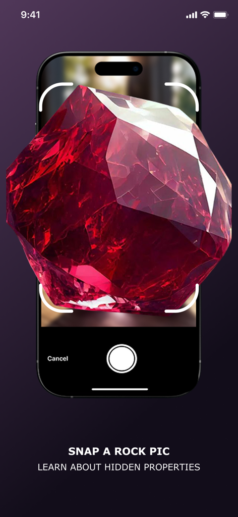 Snap IQ: Rock Identifier - Smartphone usando Snap IQ Rock Identifier para escanear una gema roja facetada