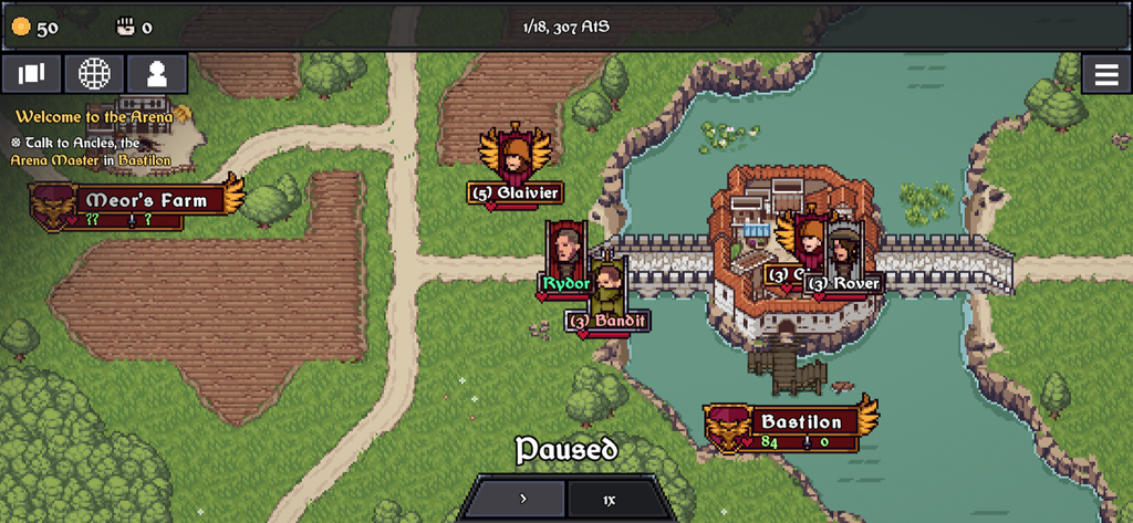 Blades of Deceron - A top down pixel art world map in the game Blades of Deceron showing various locations like Bastilon and Meors Farm with character icons