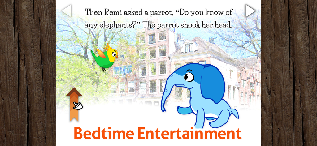 Kids Book & Reading - Remi - 子供向け読書アプリのイラスト入りの街のシーンで、レミの赤ちゃん象がオウムと話しています。