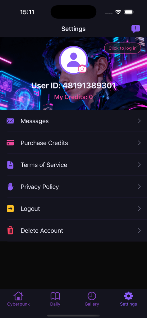 AI Siren app settings screen featuring a cyberpunk profile header and account management options