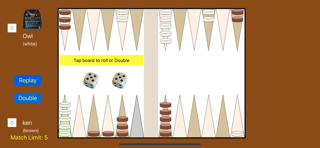 Master Backgammon - Digital backgammon board with brown and white checkers and dice showing double fives