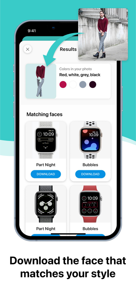 Buddywatch - Watch Faces - Interface de l'application Buddywatch montrant des cadrans d'Apple Watch qui correspondent aux couleurs d'une photo de tenue