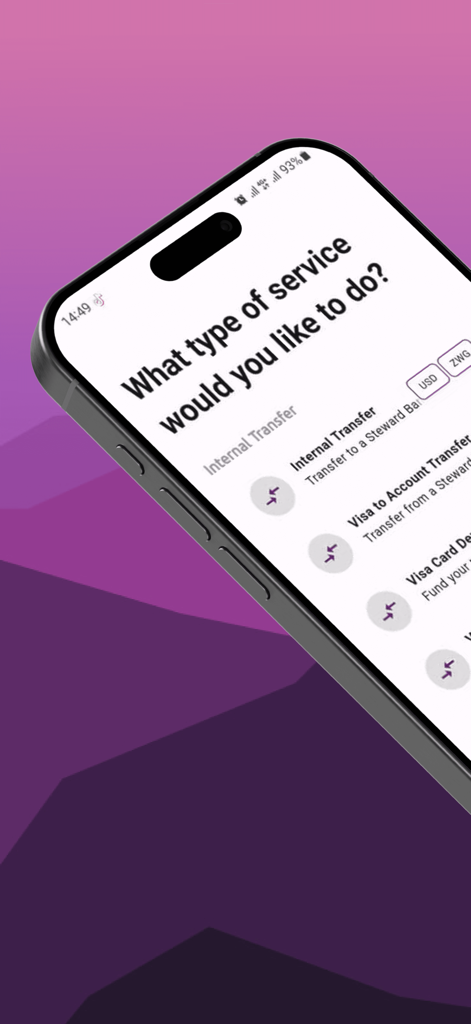 Mobile screen of Steward Bank Square app showing banking service options for internal and Visa account transfers