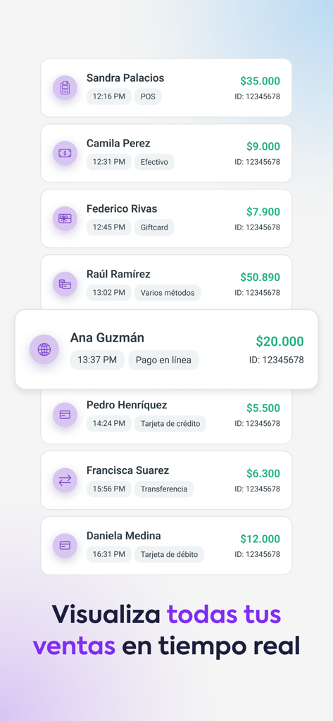 AgendaPro Agendar Citas y Más - AgendaPro mobile interface showing a list of real time sales transactions with customer names and payment methods