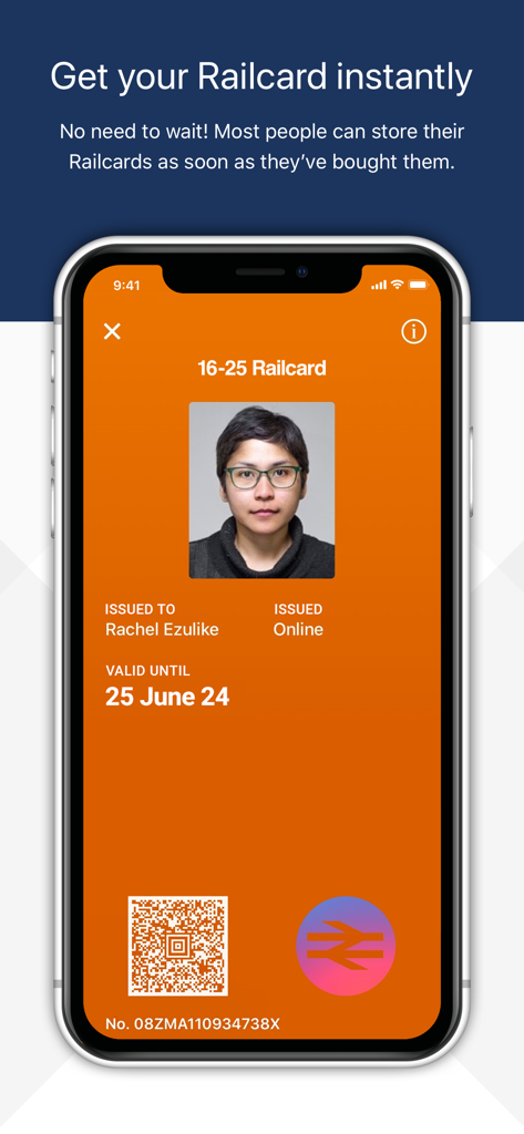 Smartphone screen showing a digital 16-25 Railcard for UK train travel discounts