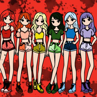 a group of girls wearing crop tops and shorts