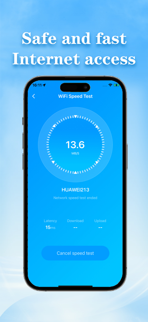 WiFi Radar -Nearby Hotspots - A smartphone screen displaying a WiFi speed test result of 13.6 MB/S and 15ms latency within the WiFi Radar app.