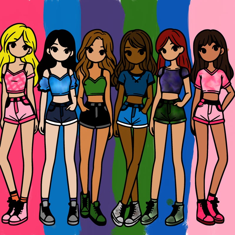 a group of girls wearing crop tops and shorts