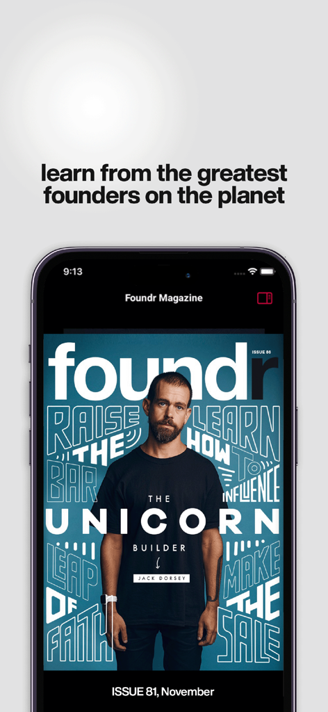 Foundr Magazine app interface featuring a cover story with Jack Dorsey