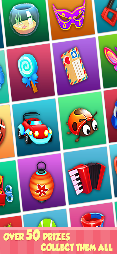 A grid displaying various colorful prizes to collect in the Coin Mania game including a car ladybug and lantern.