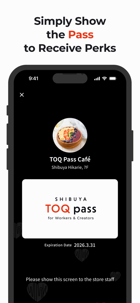Shibuya TOQ Pass - Smartphone screen displaying the Shibuya TOQ Pass digital membership card for employee discounts at TOQ Pass Cafe in Shibuya Hikarie