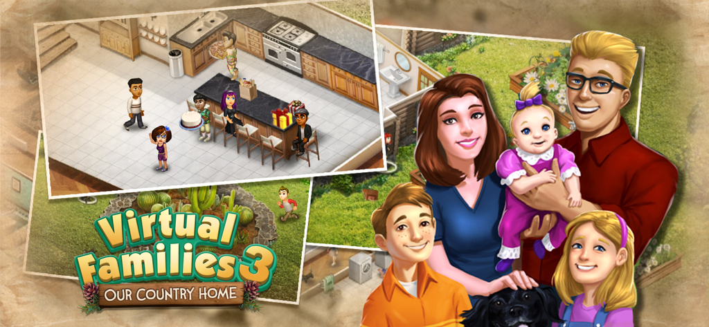 Virtual Families 3 - Promotional artwork for Virtual Families 3 showing a happy family portrait and a kitchen gameplay scene