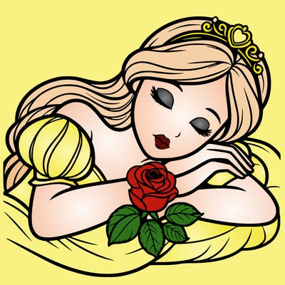 a fairytale princess sleeping with her hands crossed on her chest and a rose on her chest realistic